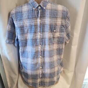 Weatherproof Blue and White Plaid Casual Shirt Linen Cotton Blend